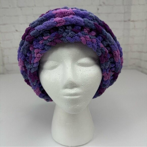 Handmade New Purple Pink Chunky Chenille Slouchy Winter Knit Beanie Large - Picture 3 of 11